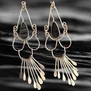 Handmade Black Onyx Stone 925 Wire Wrap Waterfall Chandelier Earrings